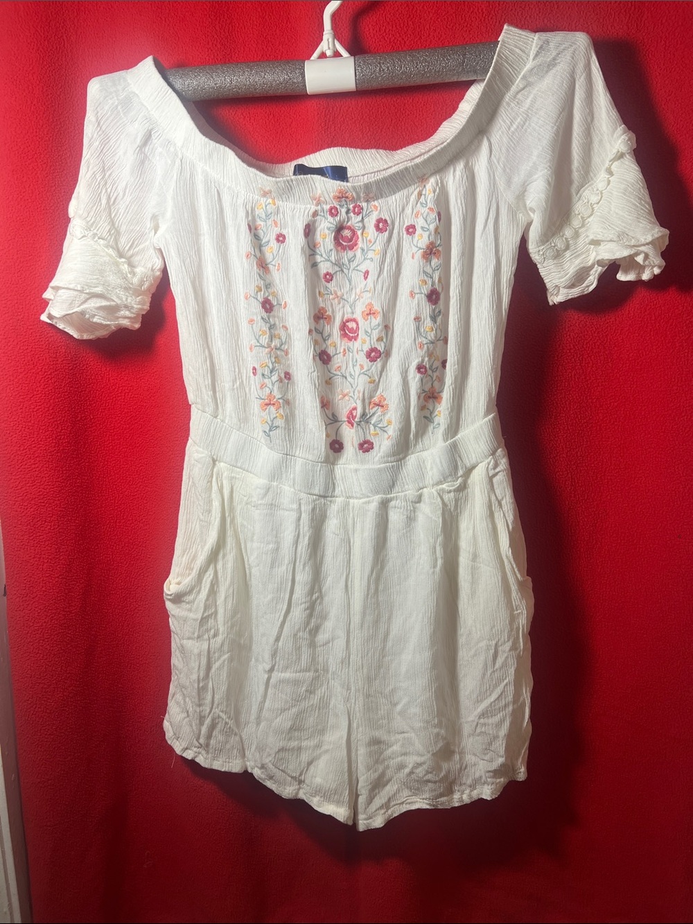 Blue Rain White Off-Shoulder Embroidered Women’s romper